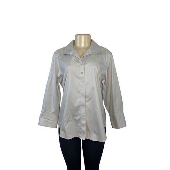 Chicos No-Iron 3/4 Sleeve Button-Up Shirt Size 2 100% Cotton Light Gray Womens - Picture 1 of 6